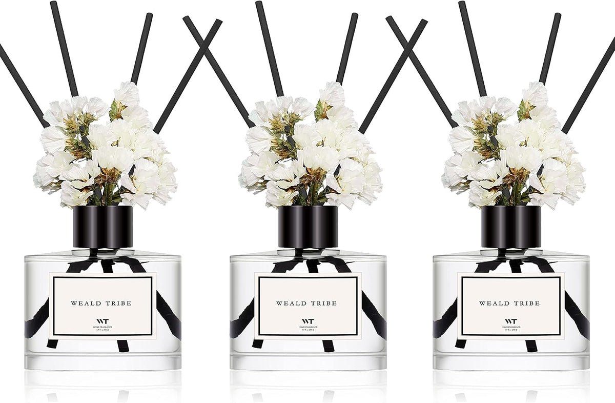 Real Flower Reed Diffuser Set of 3 for Bathroom Air Fresheners, Oil Defusers | Fresh Linen/Ocean/Eucalyptus & Mint Scent(1.7 fl oz Each Pack) Home Fragrance with 12 Stick | Shelf Decor