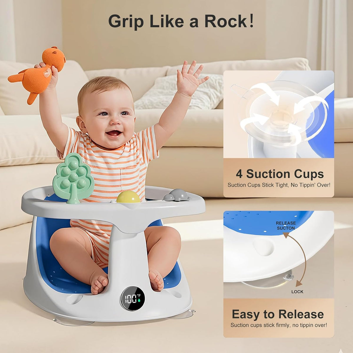 Baby Bath Seat,Bath Seats for Babies Sitting Up with Rinse Cup | Bath Seats for Babies 6 Months & Up,Non-Slip, Infant Bath Essentials,Gray