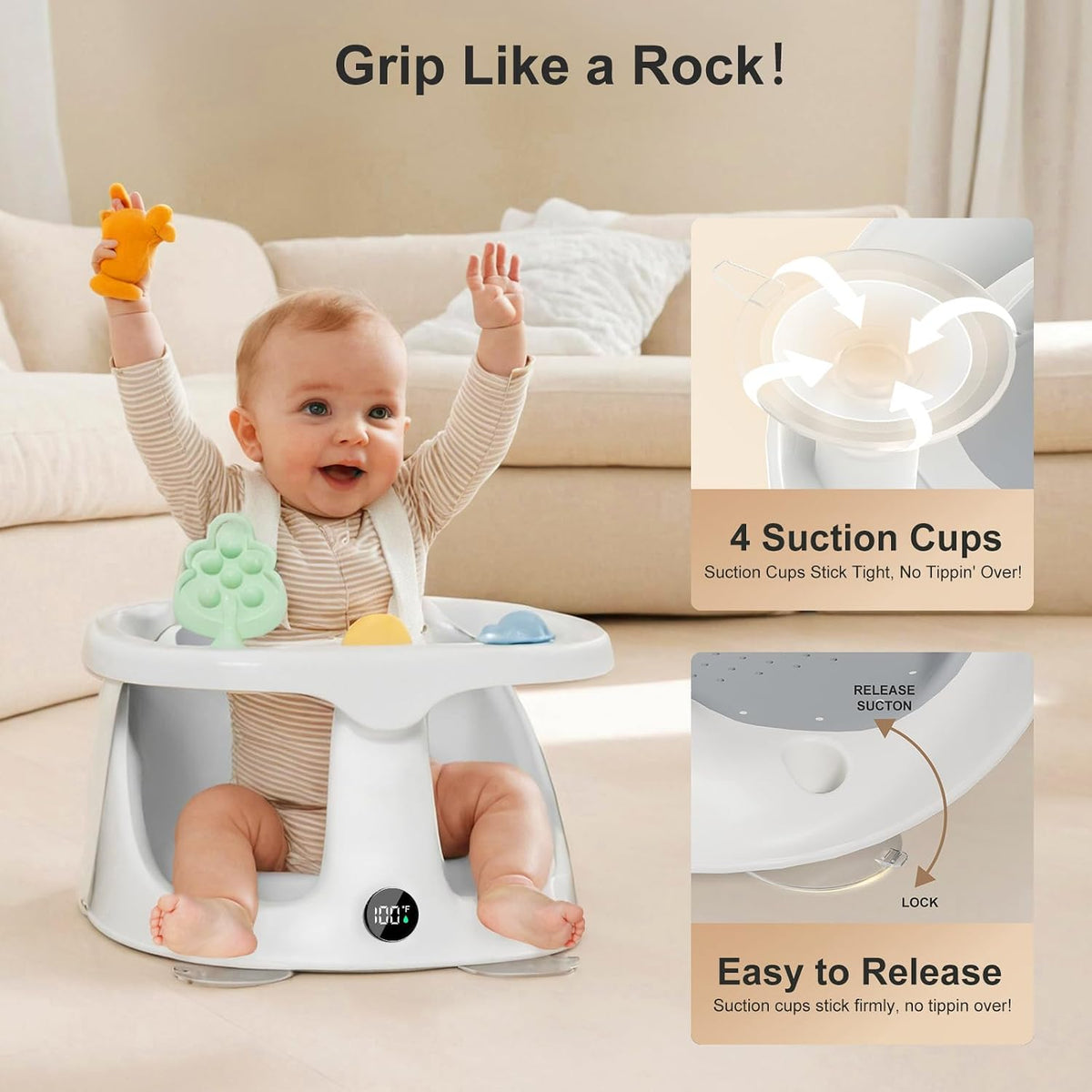 Baby Bath Seat,Bath Seats for Babies Sitting Up with Rinse Cup | Bath Seats for Babies 6 Months & Up,Non-Slip, Infant Bath Essentials,Gray
