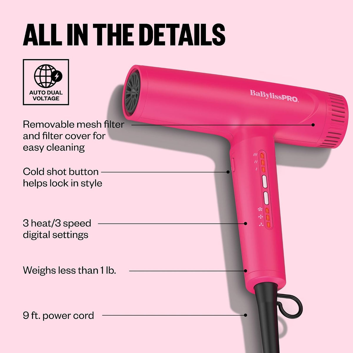BaBylissPRO Nano Titanium Professional Nano Light Ionic Dual-Voltage Lightweight Hair Dryer