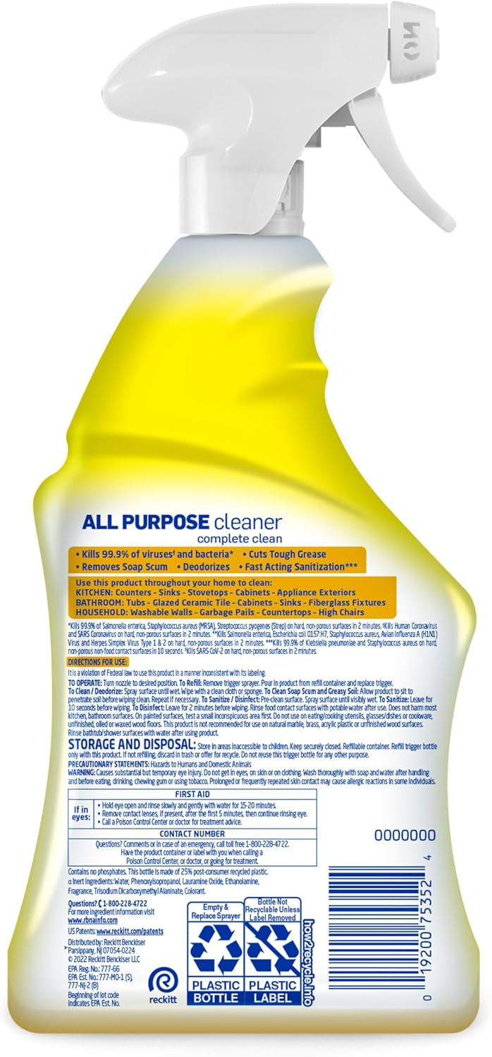All Purpose Cleaner Spray, Multi-Purpose Disinfecting Spray, Kitchen & Bathroom Cleaner, Lemon Breeze Scent, 32 Fl Oz (Pack of 2)