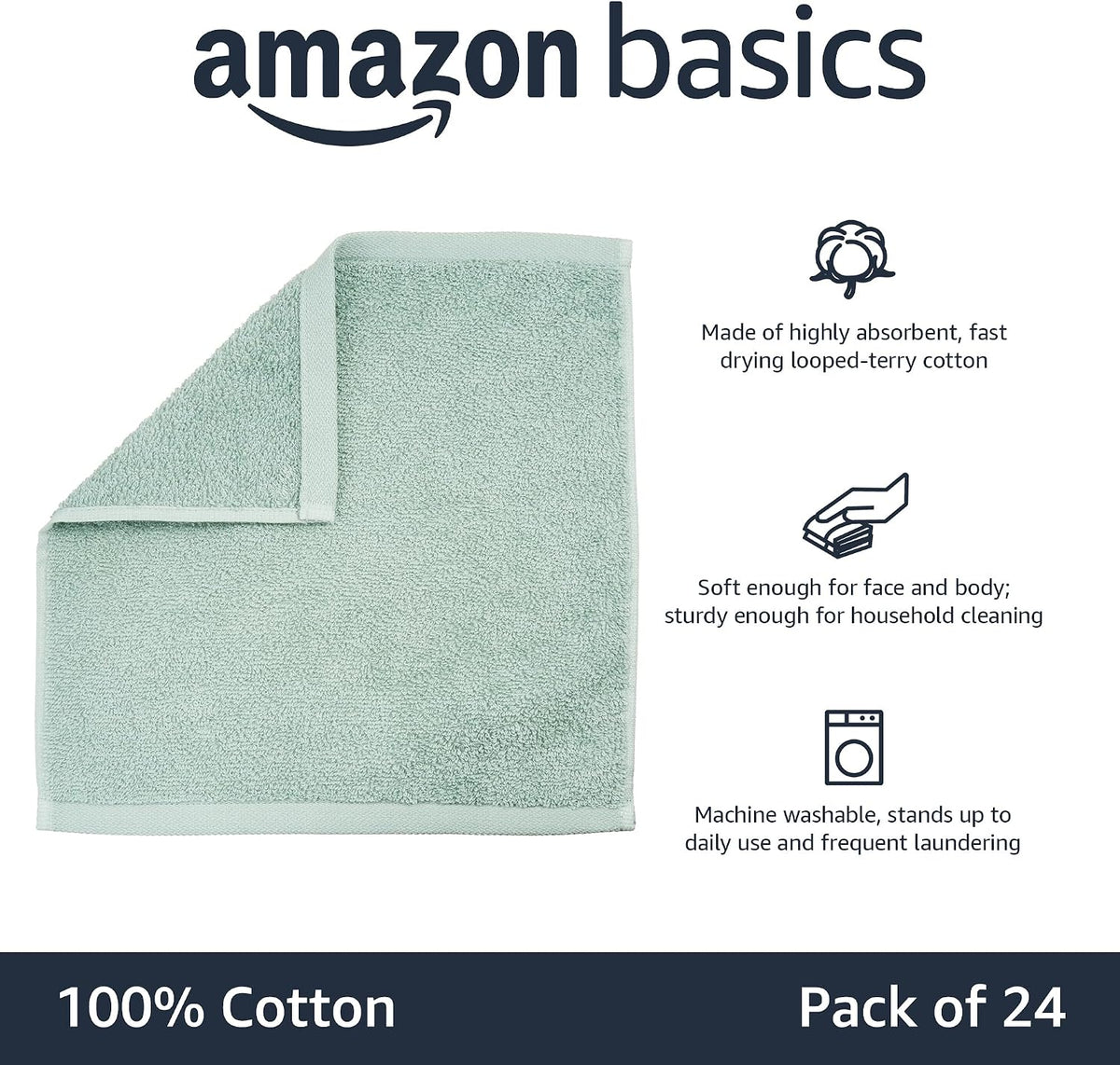 Fast Drying Cotton Washcloths for Bathroom, Machine Washable, Soft and Highly Absorbent, 12 x 12 in, White