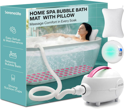 Bubble Bath Mat - Portable Spa Bubble Bath Massager with Waterproof Bath Light & Pillow, Adjustable Bubble Intensity, Easy Button Control, Remote Control (Pink)