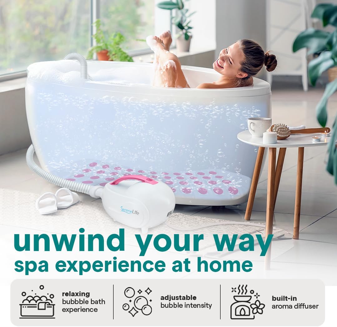 Bubble Bath Mat - Portable Spa Bubble Bath Massager with Waterproof Bath Light & Pillow, Adjustable Bubble Intensity, Easy Button Control, Remote Control (Pink)