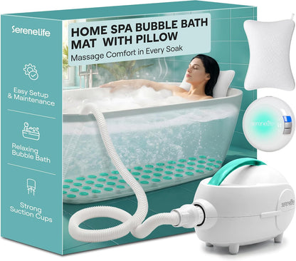 Bubble Bath Mat - Portable Spa Bubble Bath Massager with Waterproof Bath Light & Pillow, Adjustable Bubble Intensity, Easy Button Control, Remote Control (Pink)