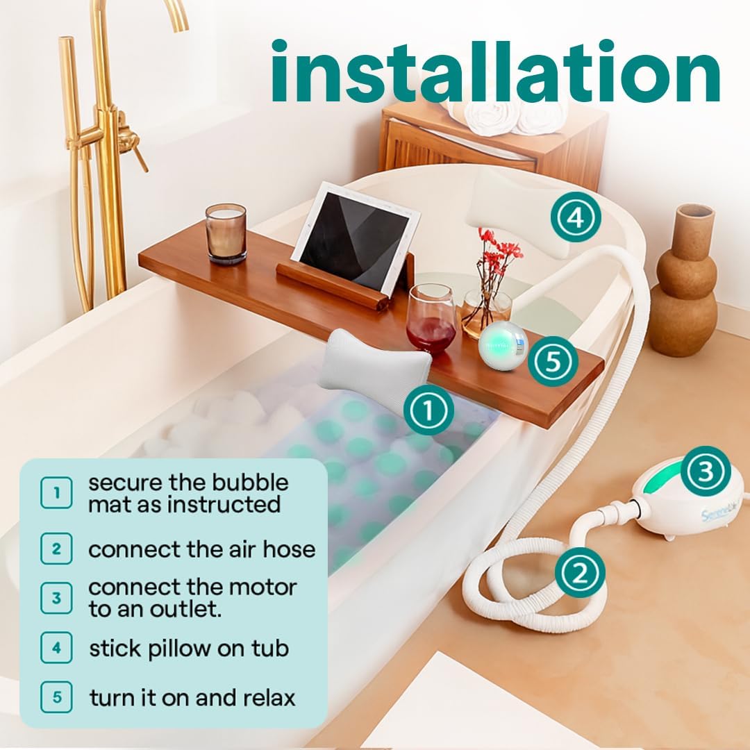 Bubble Bath Mat - Portable Spa Bubble Bath Massager with Waterproof Bath Light & Pillow, Adjustable Bubble Intensity, Easy Button Control, Remote Control (Pink)