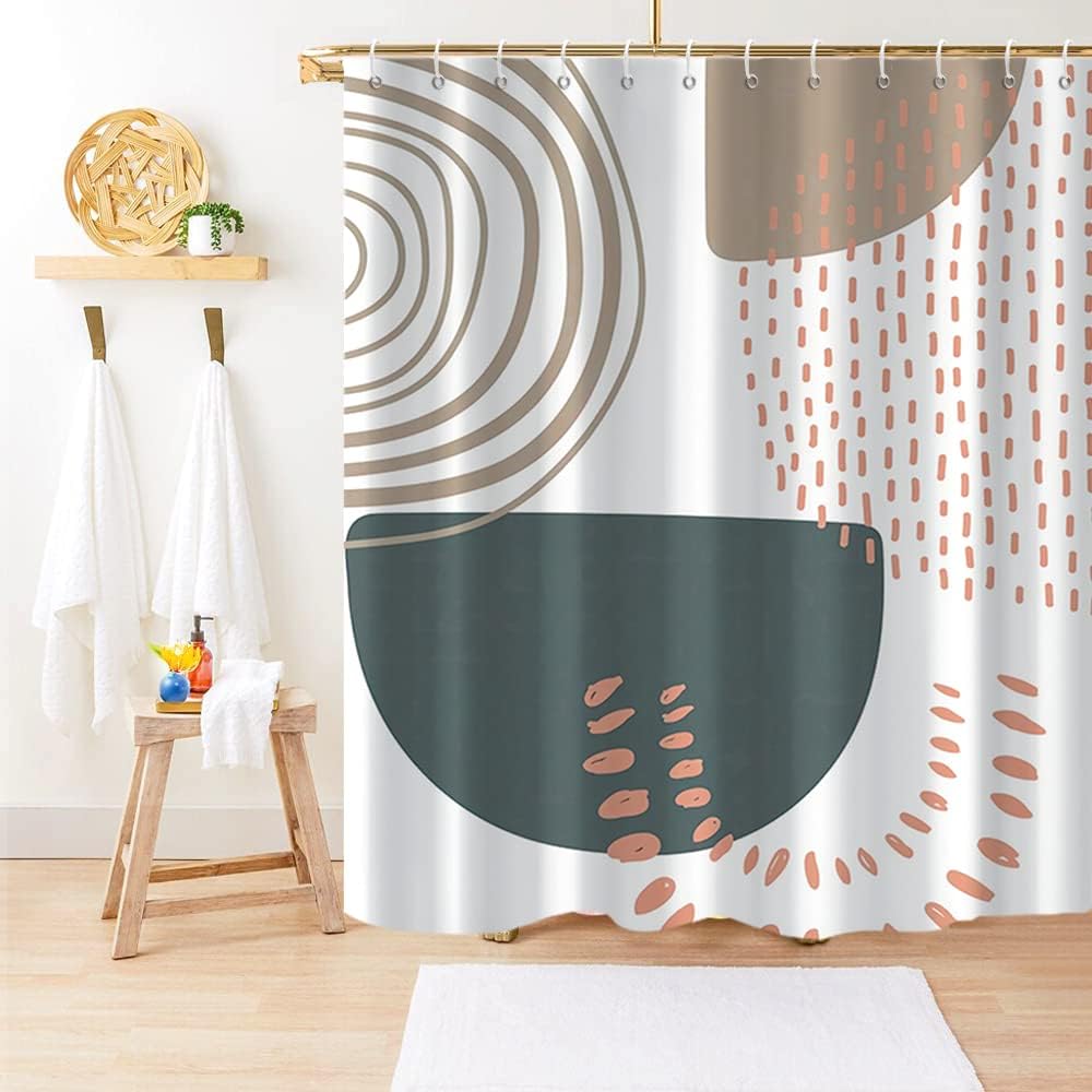 Boho Mid Century Shower Curtain, Modern Abstract with Hooks 72x72