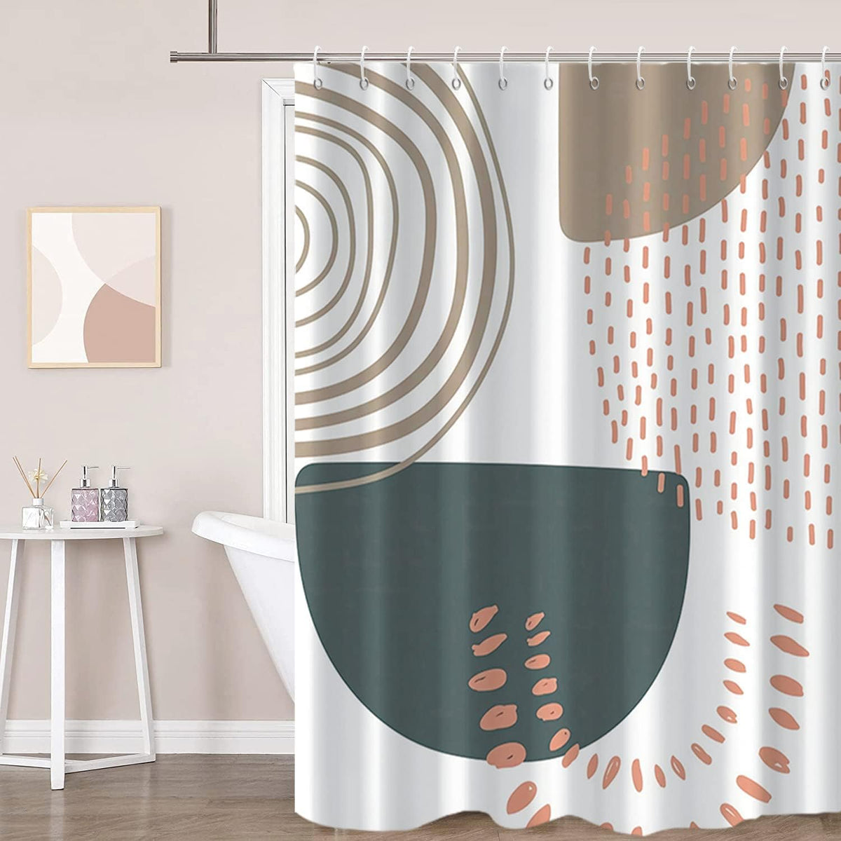 Boho Mid Century Shower Curtain, Modern Abstract with Hooks 72x72