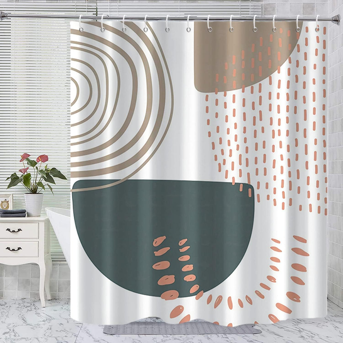 Boho Mid Century Shower Curtain, Modern Abstract with Hooks 72x72