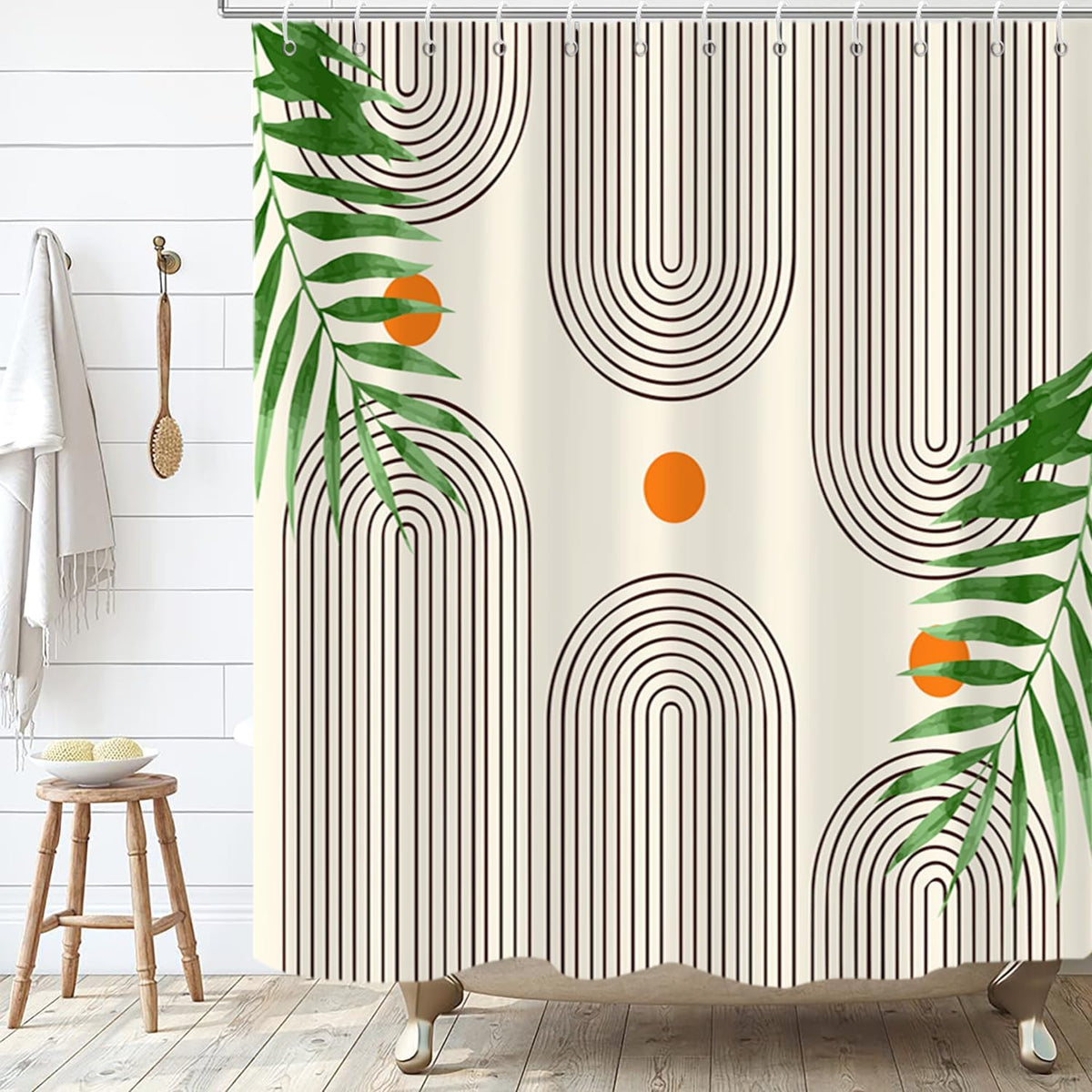 Boho Mid Century Shower Curtain, Modern Abstract with Hooks 72x72