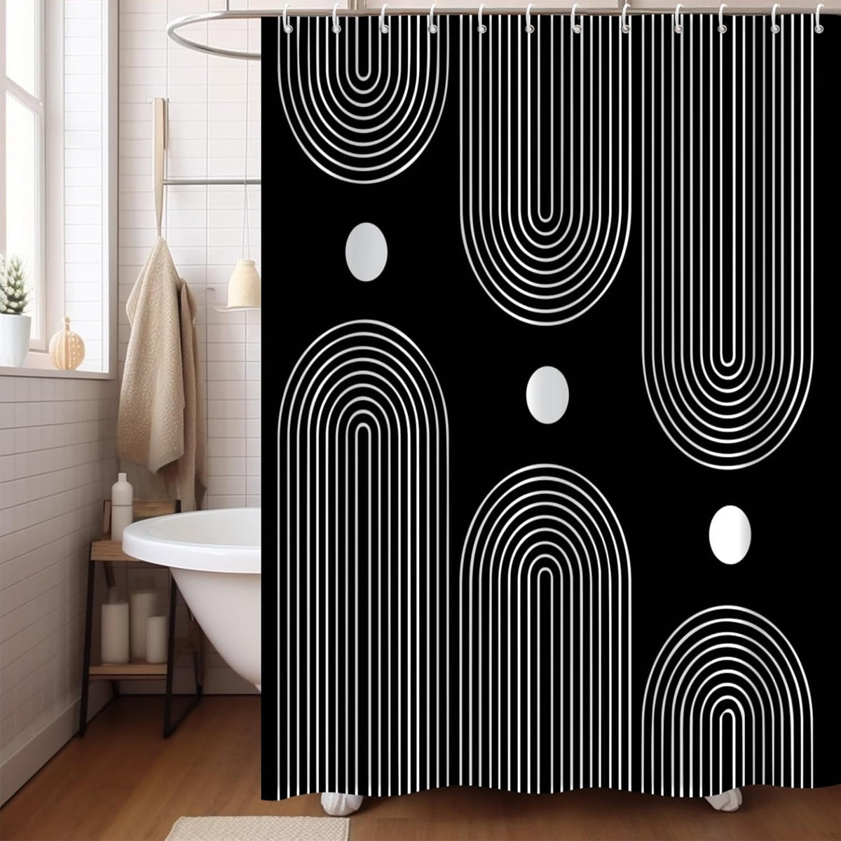Boho Mid Century Shower Curtain, Modern Abstract with Hooks 72x72