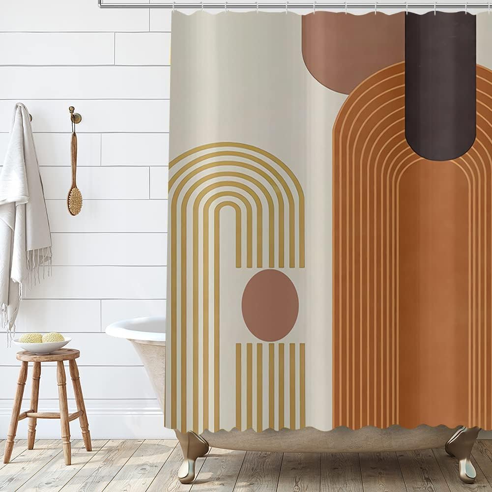 Boho Mid Century Shower Curtain, Modern Abstract with Hooks 72x72