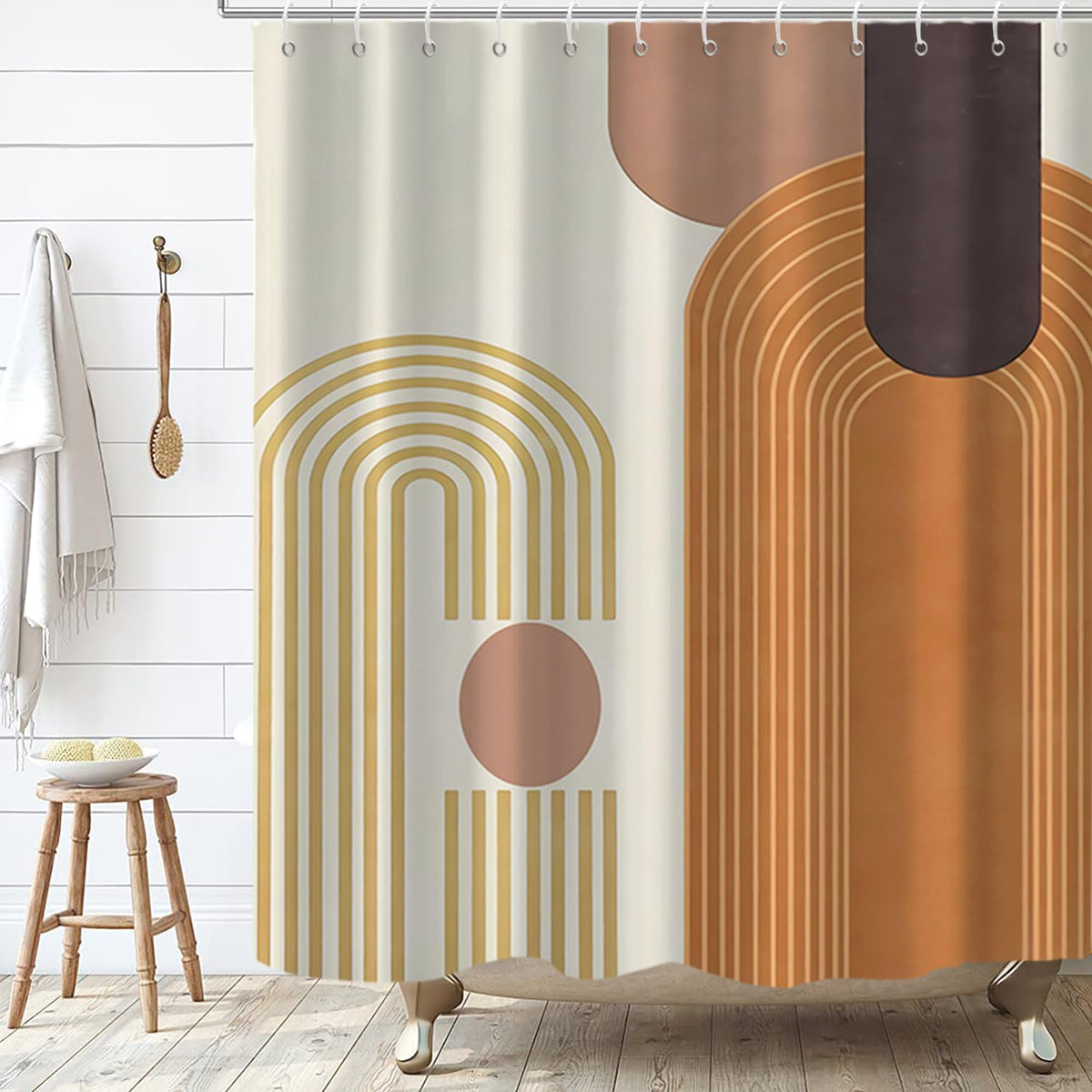 Boho Mid Century Shower Curtain, Modern Abstract with Hooks 72x72