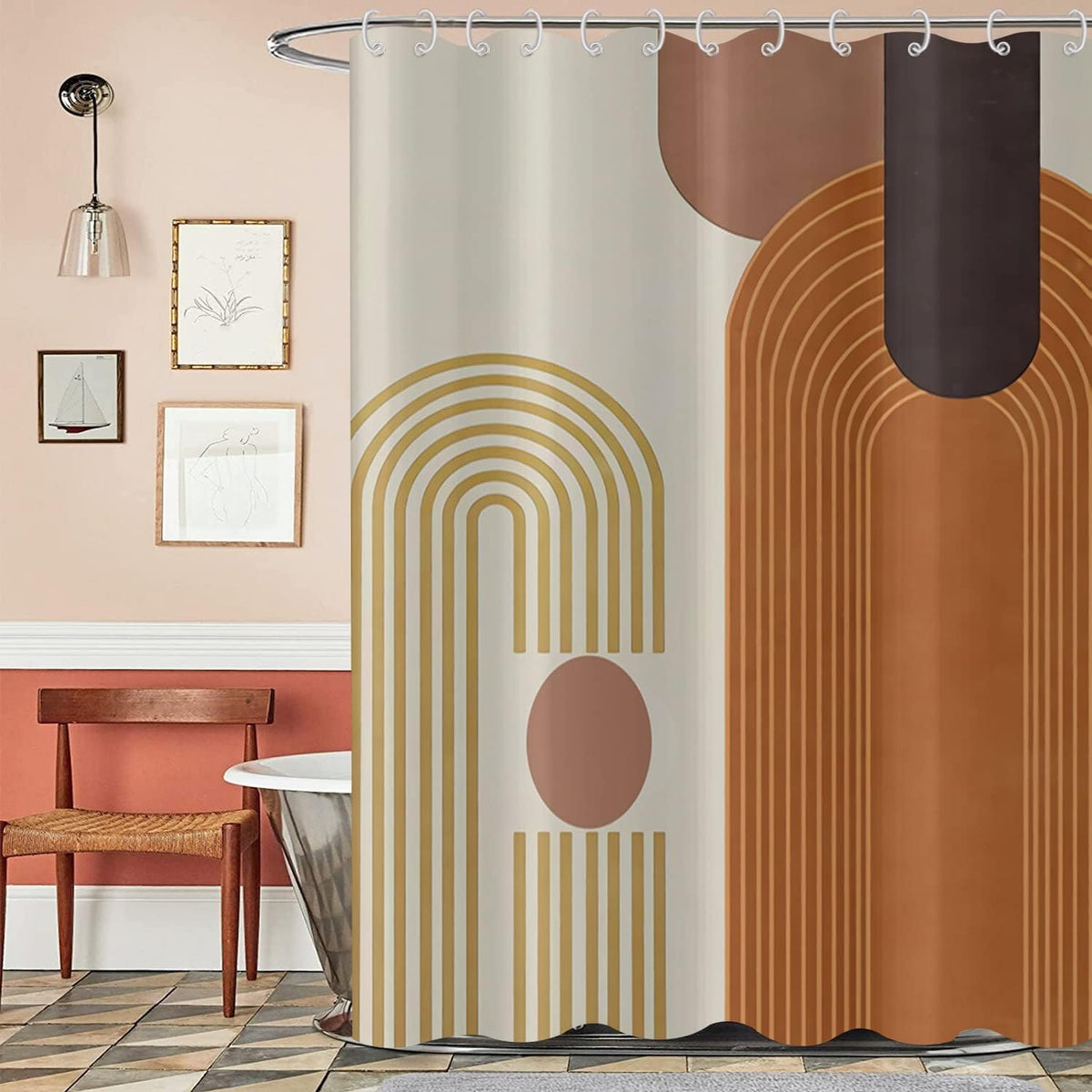 Boho Mid Century Shower Curtain, Modern Abstract with Hooks 72x72