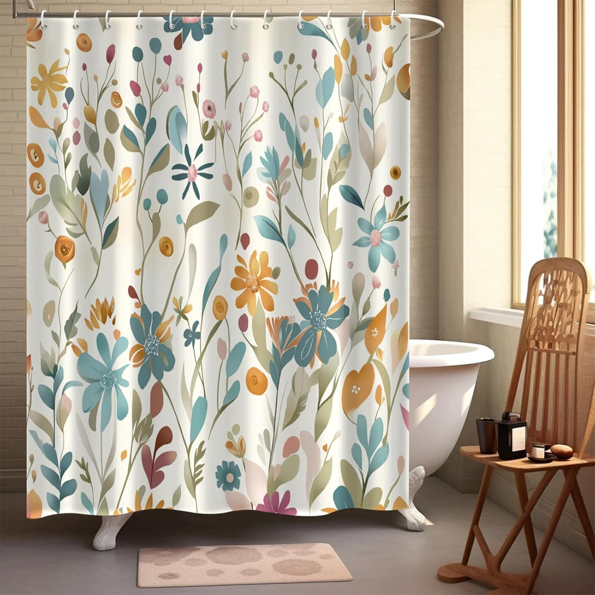 Boho Mid Century Shower Curtain, Modern Abstract with Hooks 72x72