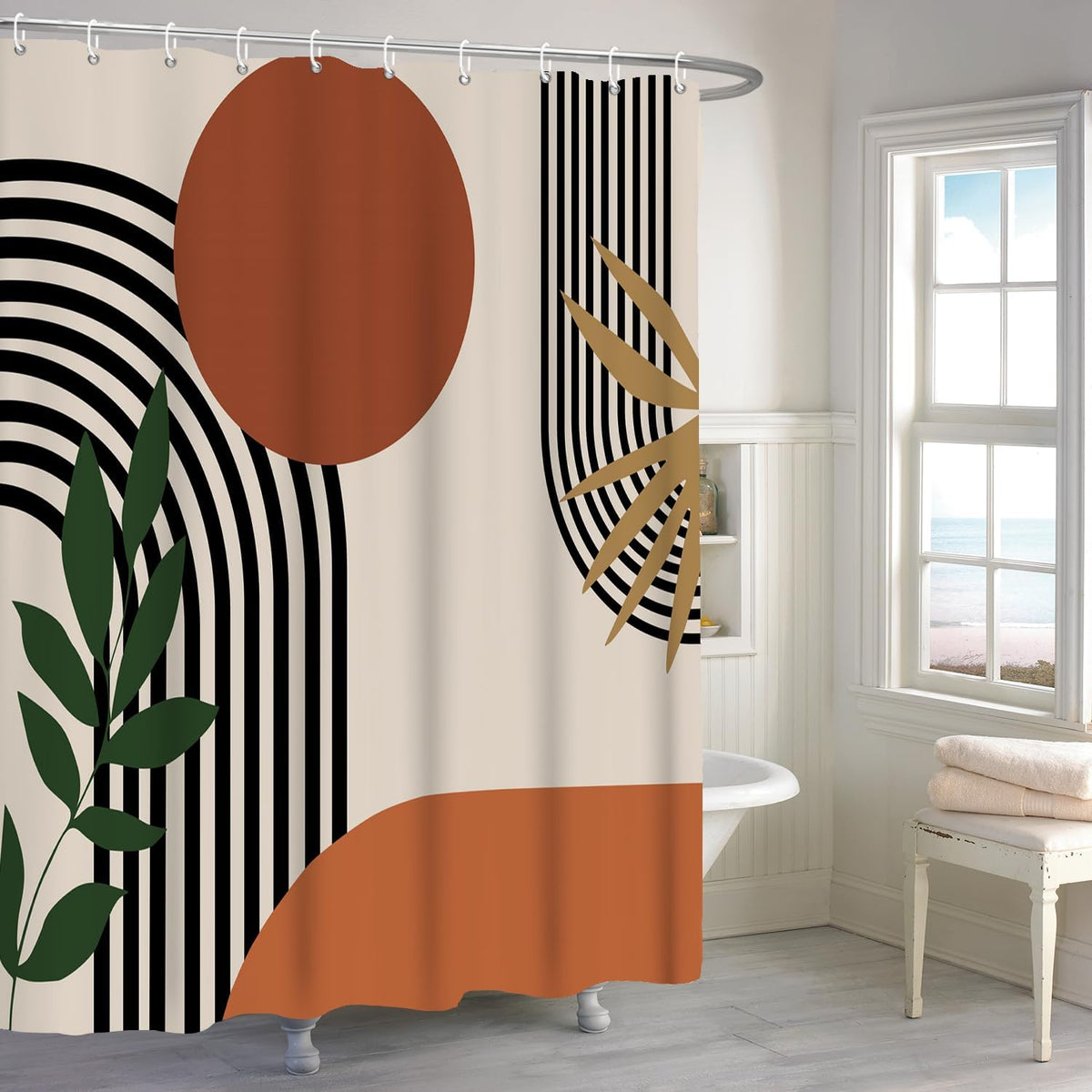 Boho Mid Century Shower Curtain, Modern Abstract with Hooks 72x72