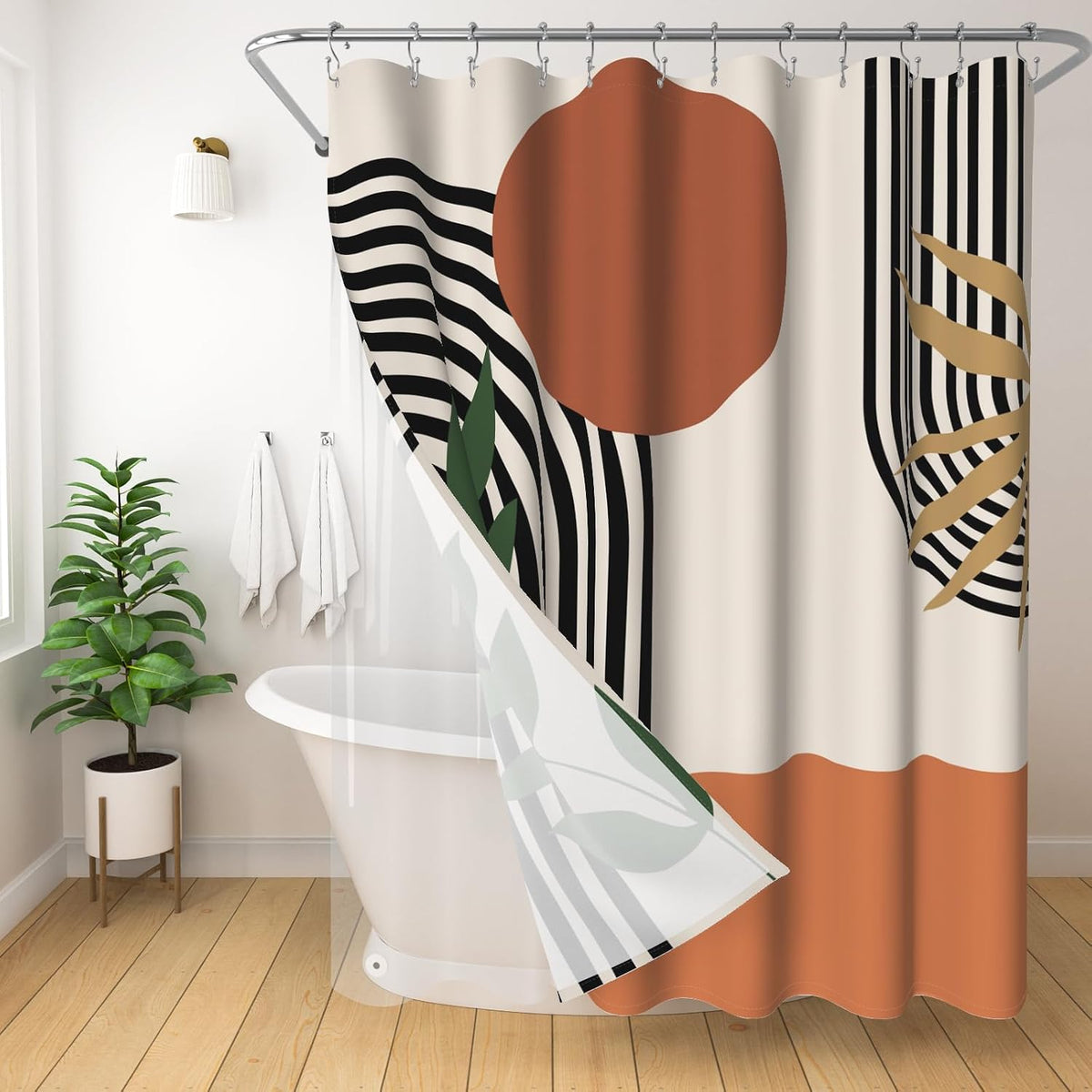 Boho Mid Century Shower Curtain, Modern Abstract with Hooks 72x72