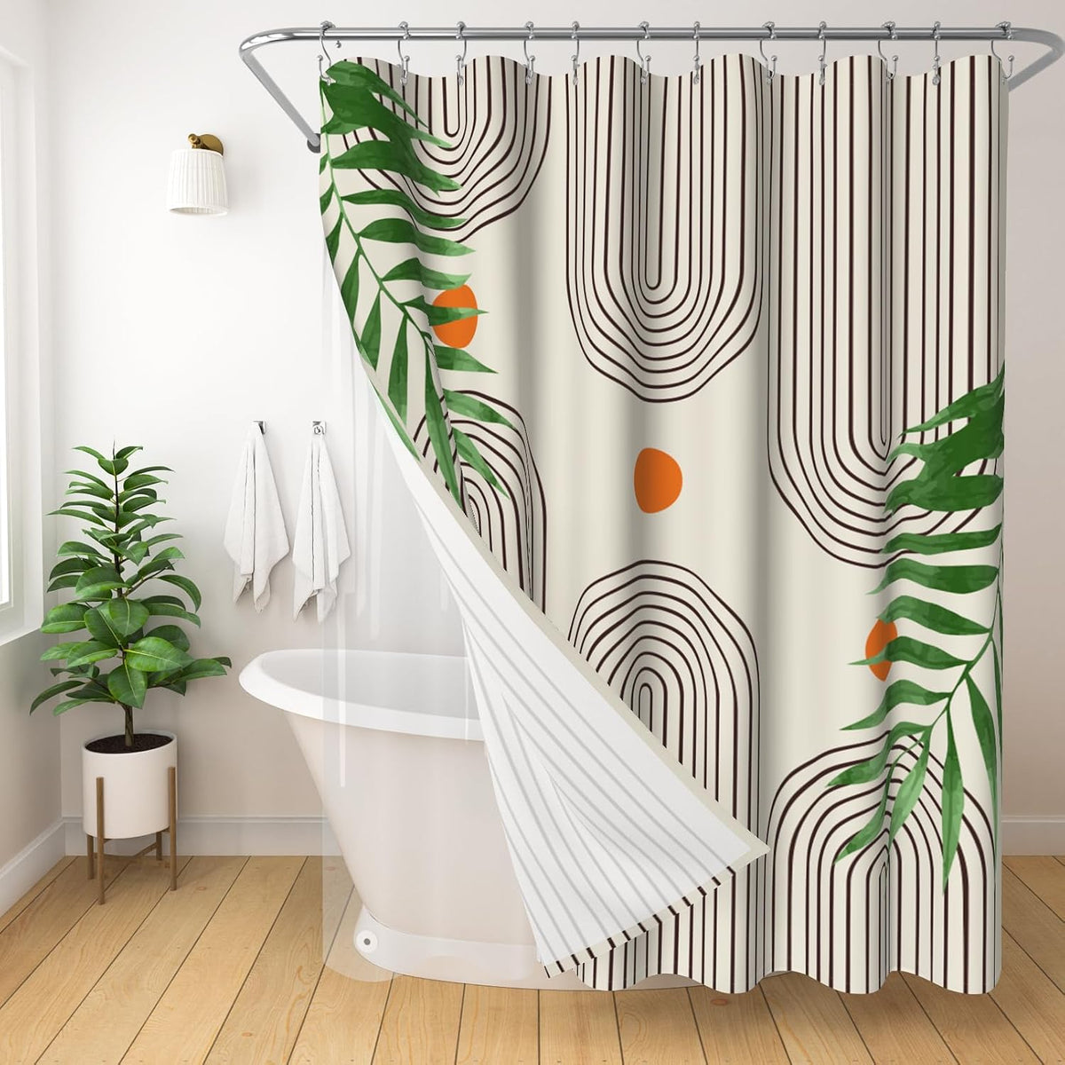 Boho Mid Century Shower Curtain, Modern Abstract with Hooks 72x72