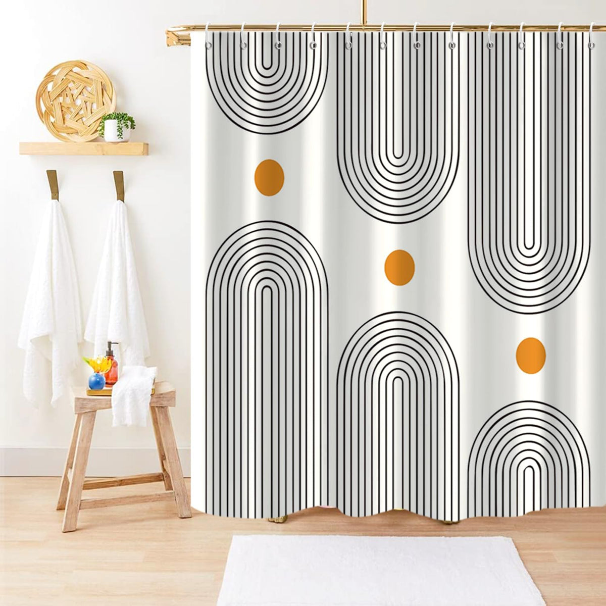 Boho Mid Century Shower Curtain, Modern Abstract with Hooks 72x72