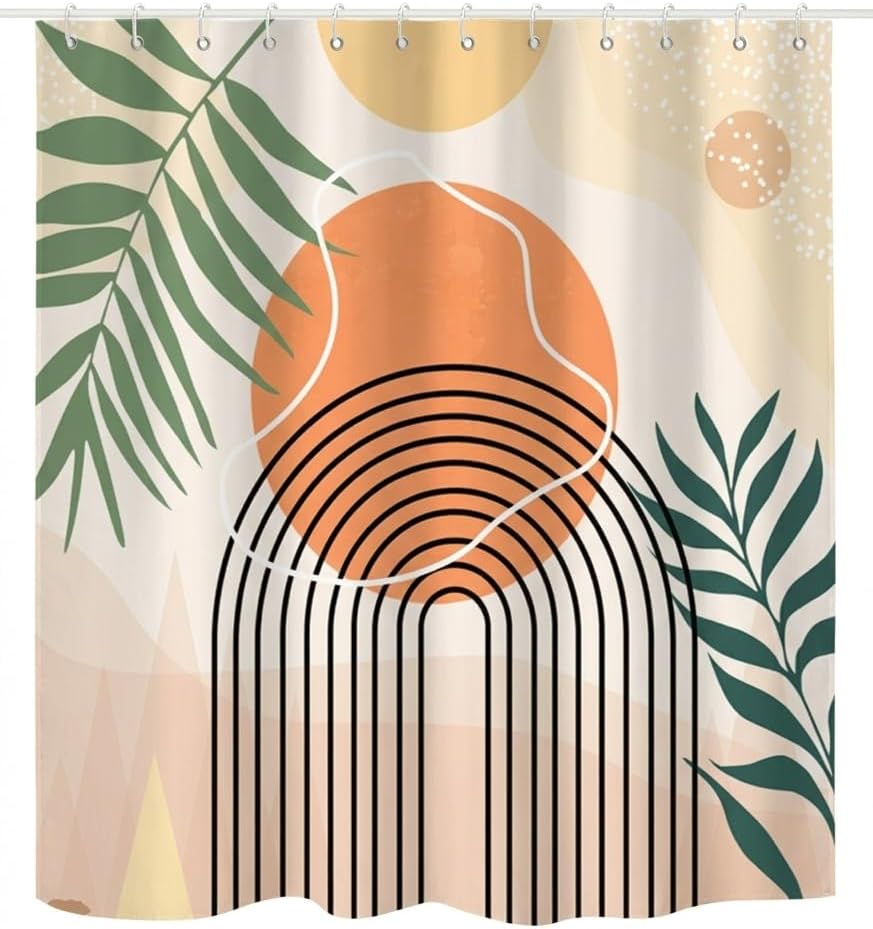 Boho Mid Century Shower Curtain, Modern Abstract with Hooks 72x72