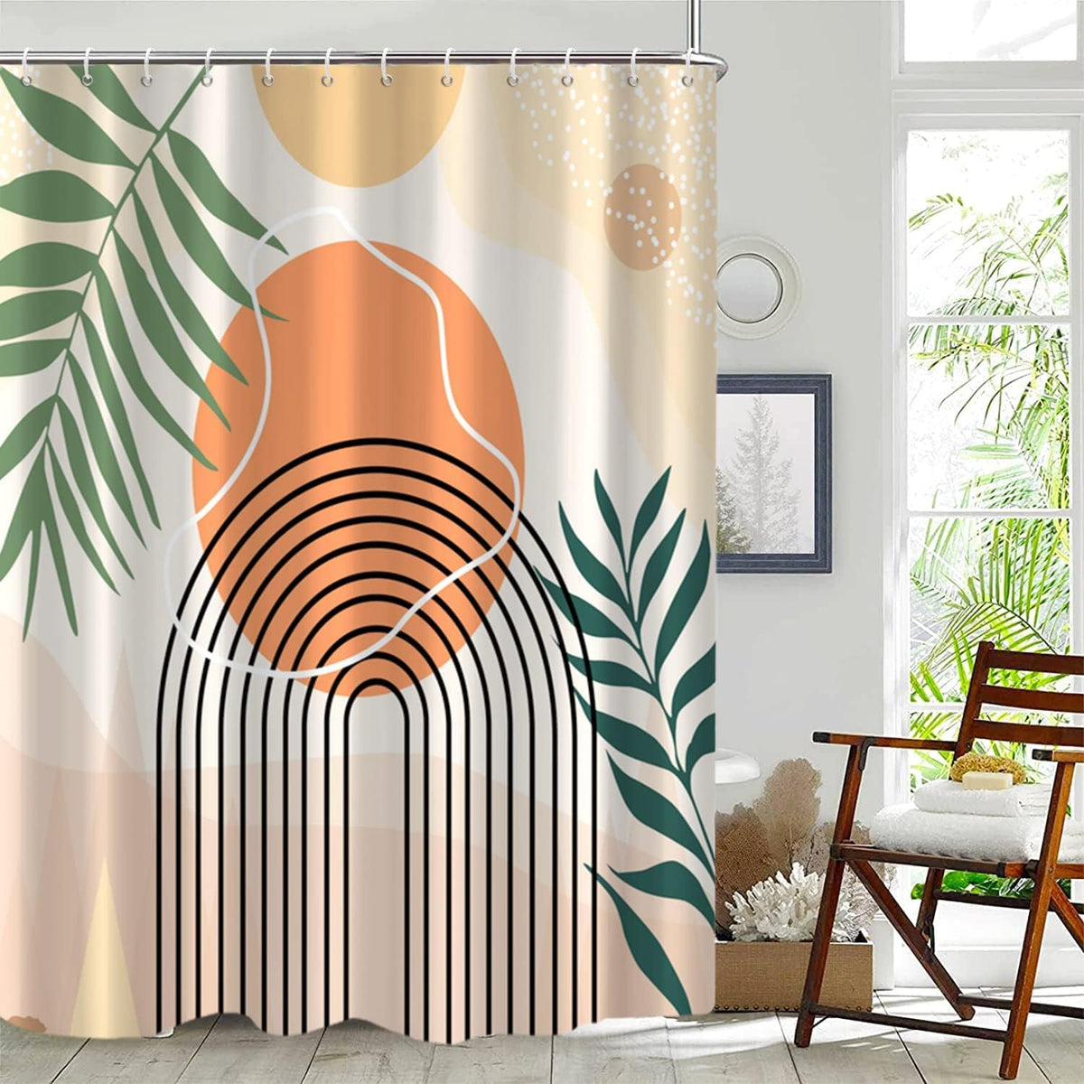 Boho Mid Century Shower Curtain, Modern Abstract with Hooks 72x72