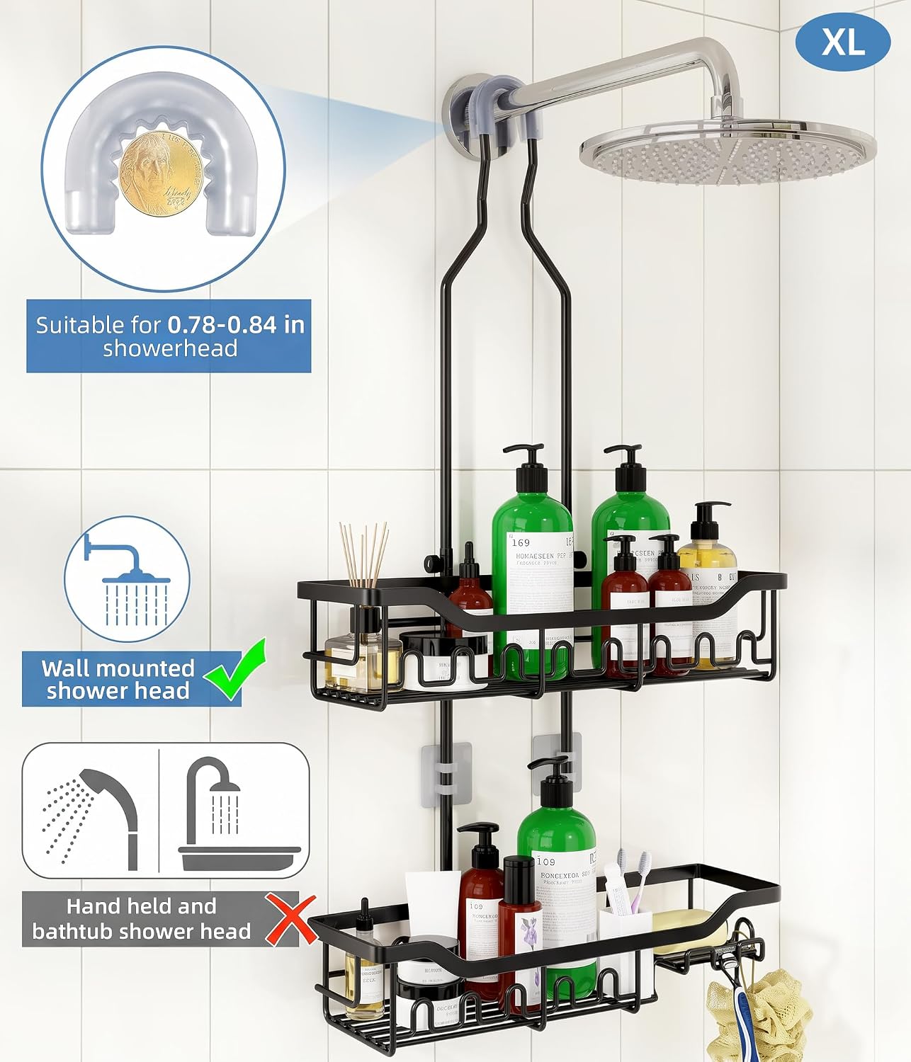 Upgraded Extended Length Shower Organizer with Hooks, Rustproof Shampoo Soap Holder, Large Hanging Bathroom Caddy