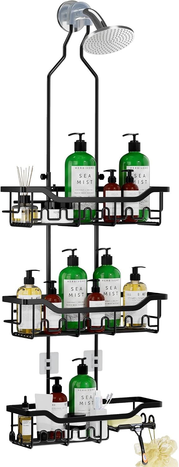 Upgraded Extended Length Shower Organizer with Hooks, Rustproof Shampoo Soap Holder, Large Hanging Bathroom Caddy