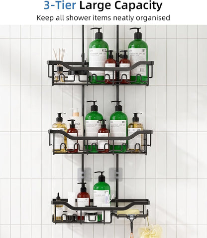 Upgraded Extended Length Shower Organizer with Hooks, Rustproof Shampoo Soap Holder, Large Hanging Bathroom Caddy