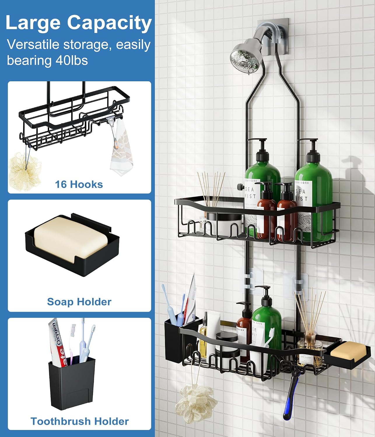 Upgraded Extended Length Shower Organizer with Hooks, Rustproof Shampoo Soap Holder, Large Hanging Bathroom Caddy