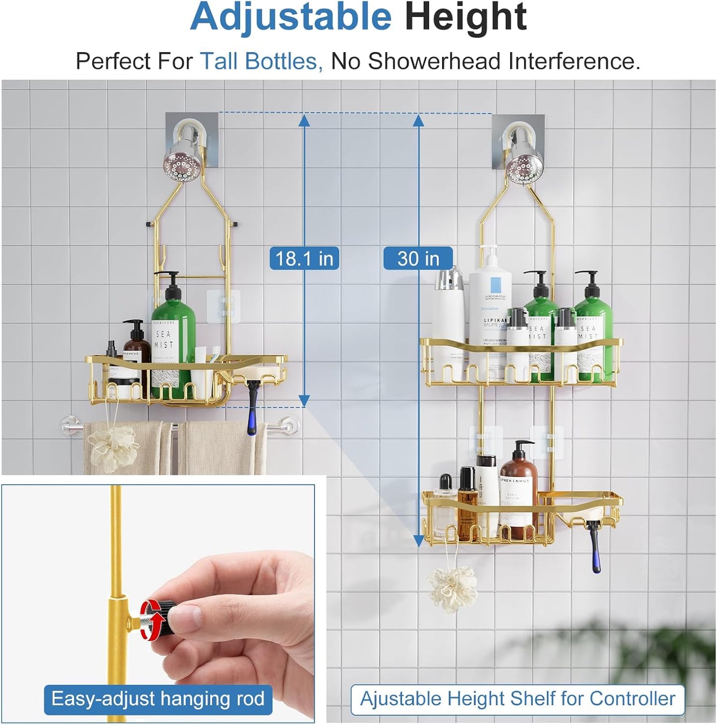 Upgraded Extended Length Shower Organizer with Hooks, Rustproof Shampoo Soap Holder, Large Hanging Bathroom Caddy