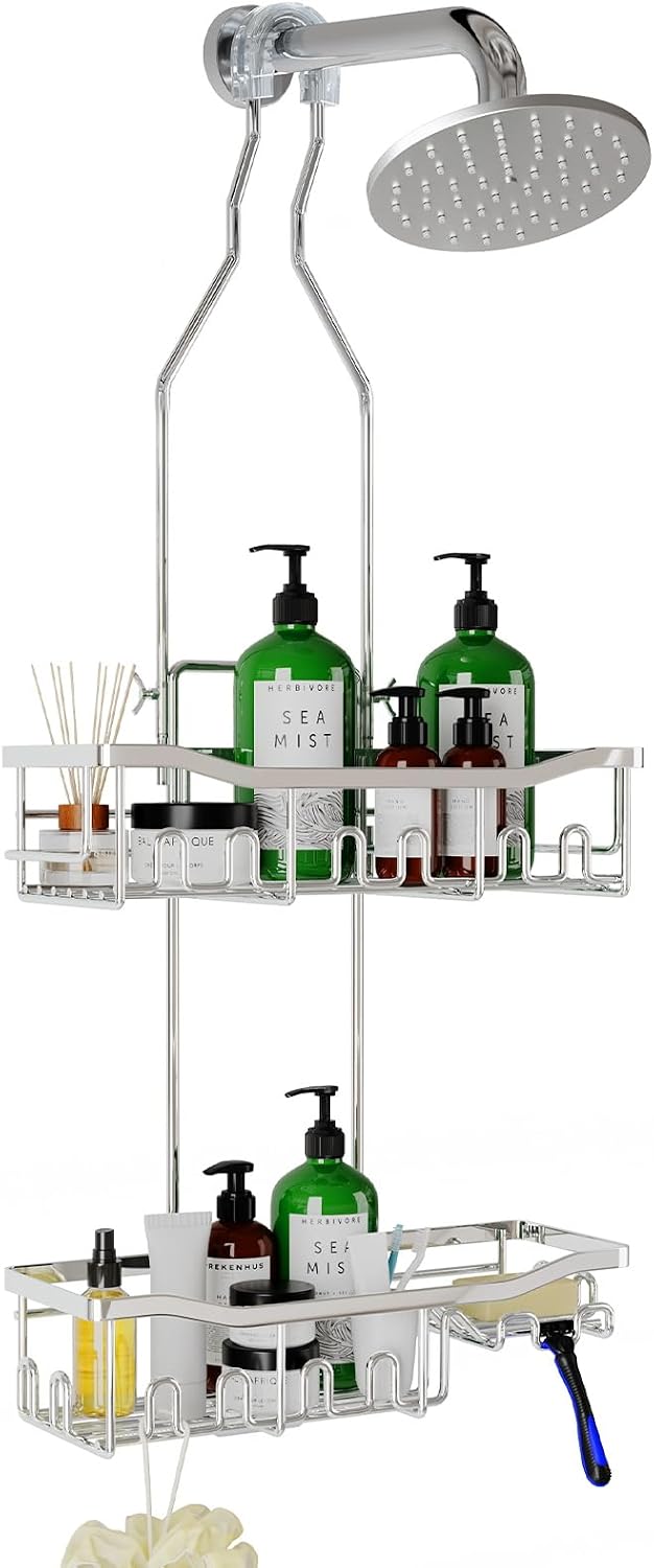 Upgraded Extended Length Shower Organizer with Hooks, Rustproof Shampoo Soap Holder, Large Hanging Bathroom Caddy