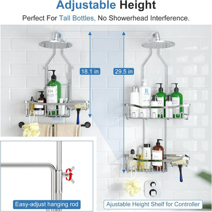 Upgraded Extended Length Shower Organizer with Hooks, Rustproof Shampoo Soap Holder, Large Hanging Bathroom Caddy