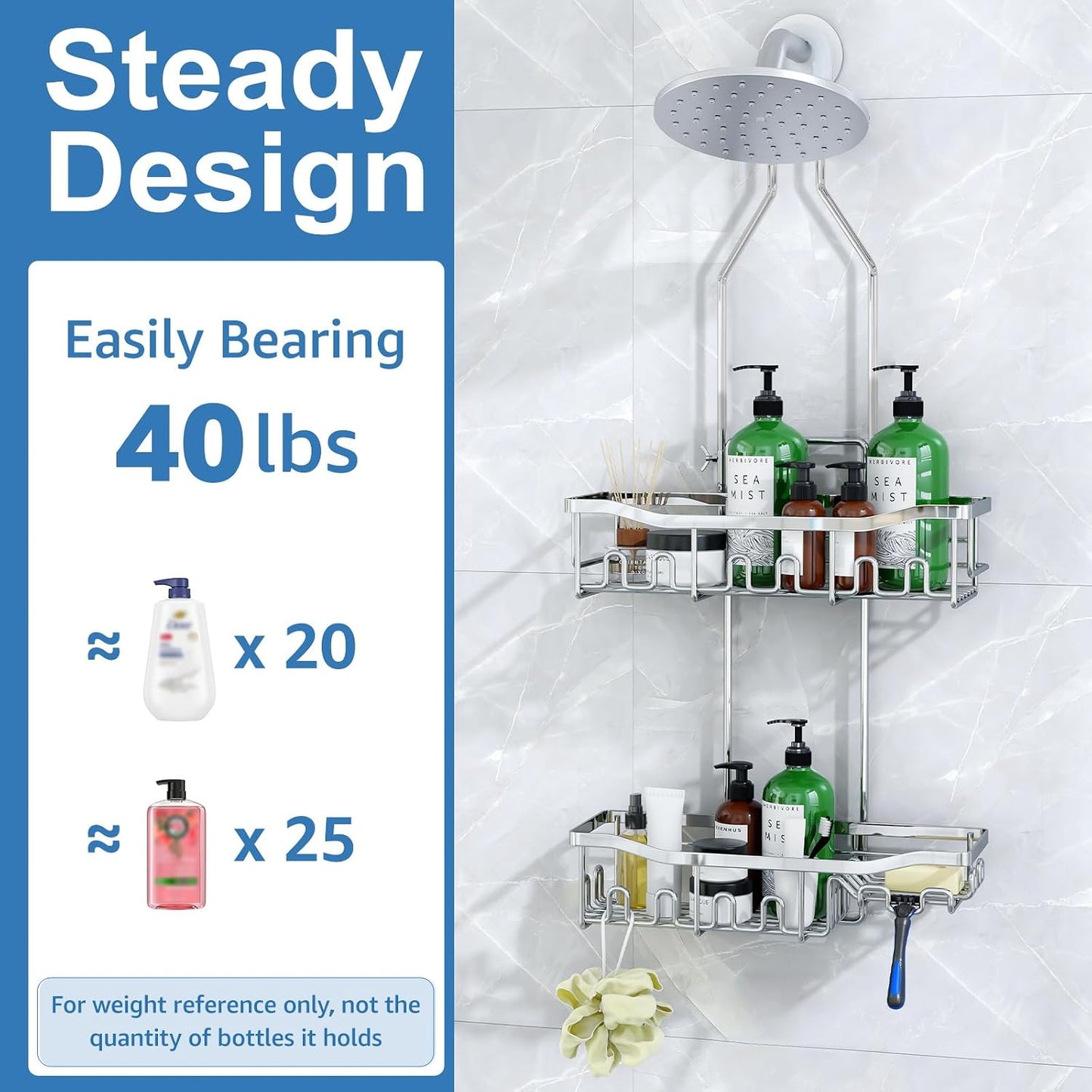 Upgraded Extended Length Shower Organizer with Hooks, Rustproof Shampoo Soap Holder, Large Hanging Bathroom Caddy