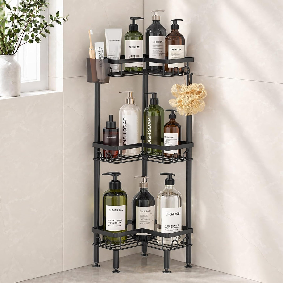 Standing Shower Caddy Corner - 3 Tier Corner Shower Organizer with Toothbrush Holder and 12 Hooks, Large Capacity Rustproof Bathroom Shelves for Tall Bottles, Black