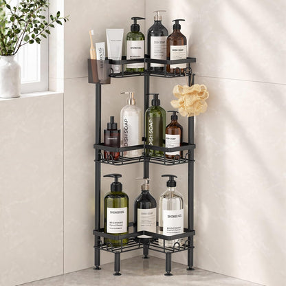 Standing Shower Caddy Corner - 3 Tier Corner Shower Organizer with Toothbrush Holder and 12 Hooks, Large Capacity Rustproof Bathroom Shelves for Tall Bottles, Black