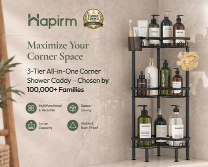 Standing Shower Caddy Corner - 3 Tier Corner Shower Organizer with Toothbrush Holder and 12 Hooks, Large Capacity Rustproof Bathroom Shelves for Tall Bottles, Black