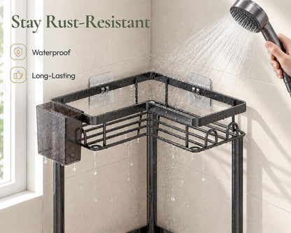Standing Shower Caddy Corner - 3 Tier Corner Shower Organizer with Toothbrush Holder and 12 Hooks, Large Capacity Rustproof Bathroom Shelves for Tall Bottles, Black