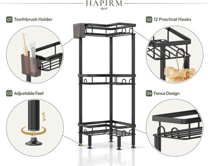 Standing Shower Caddy Corner - 3 Tier Corner Shower Organizer with Toothbrush Holder and 12 Hooks, Large Capacity Rustproof Bathroom Shelves for Tall Bottles, Black