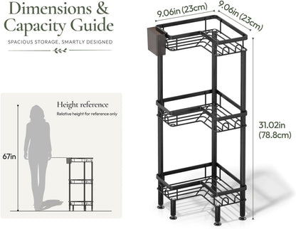 Standing Shower Caddy Corner - 3 Tier Corner Shower Organizer with Toothbrush Holder and 12 Hooks, Large Capacity Rustproof Bathroom Shelves for Tall Bottles, Black