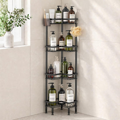 Standing Shower Caddy Corner - 3 Tier Corner Shower Organizer with Toothbrush Holder and 12 Hooks, Large Capacity Rustproof Bathroom Shelves for Tall Bottles, Black