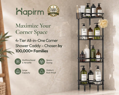 Standing Shower Caddy Corner - 3 Tier Corner Shower Organizer with Toothbrush Holder and 12 Hooks, Large Capacity Rustproof Bathroom Shelves for Tall Bottles, Black