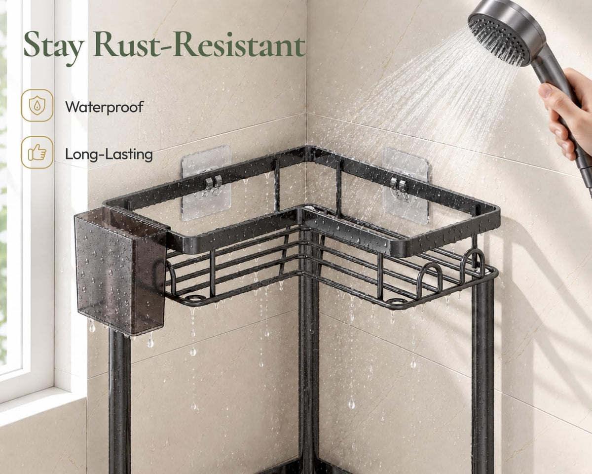 Standing Shower Caddy Corner - 3 Tier Corner Shower Organizer with Toothbrush Holder and 12 Hooks, Large Capacity Rustproof Bathroom Shelves for Tall Bottles, Black