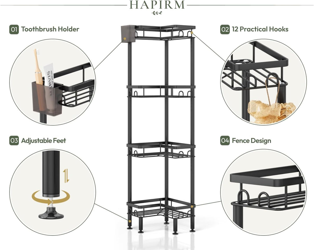 Standing Shower Caddy Corner - 3 Tier Corner Shower Organizer with Toothbrush Holder and 12 Hooks, Large Capacity Rustproof Bathroom Shelves for Tall Bottles, Black