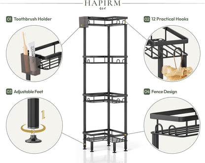 Standing Shower Caddy Corner - 3 Tier Corner Shower Organizer with Toothbrush Holder and 12 Hooks, Large Capacity Rustproof Bathroom Shelves for Tall Bottles, Black