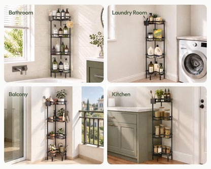 Standing Shower Caddy Corner - 3 Tier Corner Shower Organizer with Toothbrush Holder and 12 Hooks, Large Capacity Rustproof Bathroom Shelves for Tall Bottles, Black