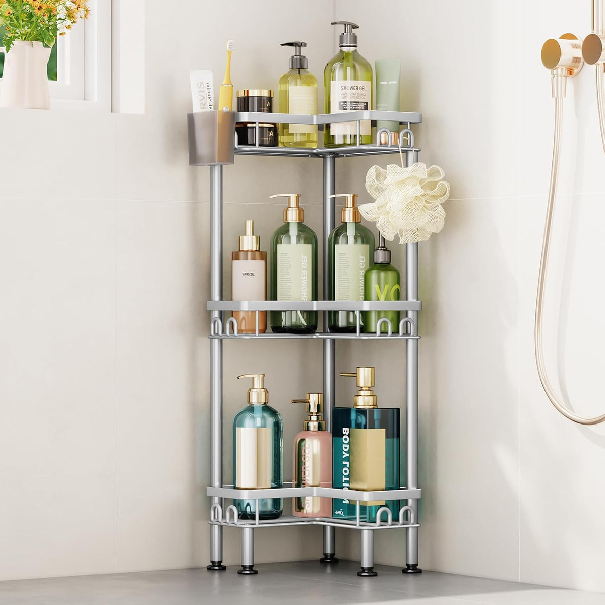 Standing Shower Caddy Corner - 3 Tier Corner Shower Organizer with Toothbrush Holder and 12 Hooks, Large Capacity Rustproof Bathroom Shelves for Tall Bottles, Black