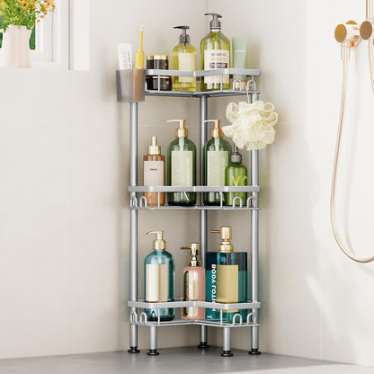 Standing Shower Caddy Corner - 3 Tier Corner Shower Organizer with Toothbrush Holder and 12 Hooks, Large Capacity Rustproof Bathroom Shelves for Tall Bottles, Black