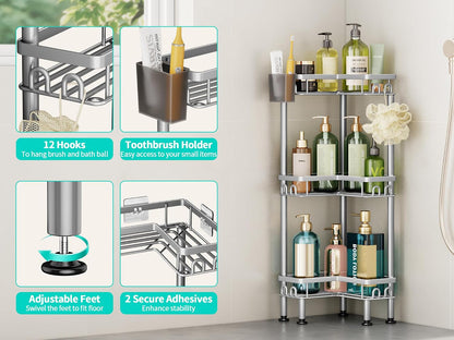 Standing Shower Caddy Corner - 3 Tier Corner Shower Organizer with Toothbrush Holder and 12 Hooks, Large Capacity Rustproof Bathroom Shelves for Tall Bottles, Black