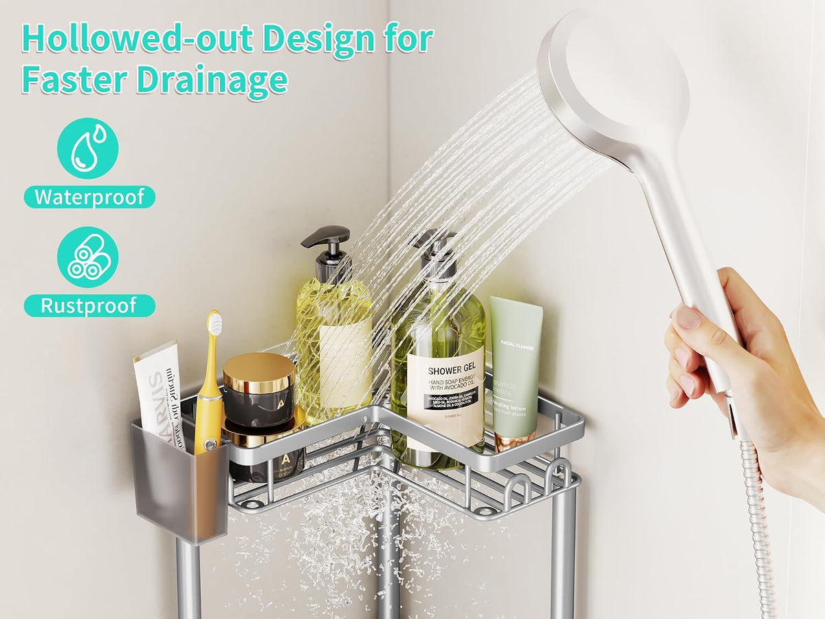 Standing Shower Caddy Corner - 3 Tier Corner Shower Organizer with Toothbrush Holder and 12 Hooks, Large Capacity Rustproof Bathroom Shelves for Tall Bottles, Black