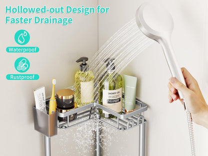 Standing Shower Caddy Corner - 3 Tier Corner Shower Organizer with Toothbrush Holder and 12 Hooks, Large Capacity Rustproof Bathroom Shelves for Tall Bottles, Black